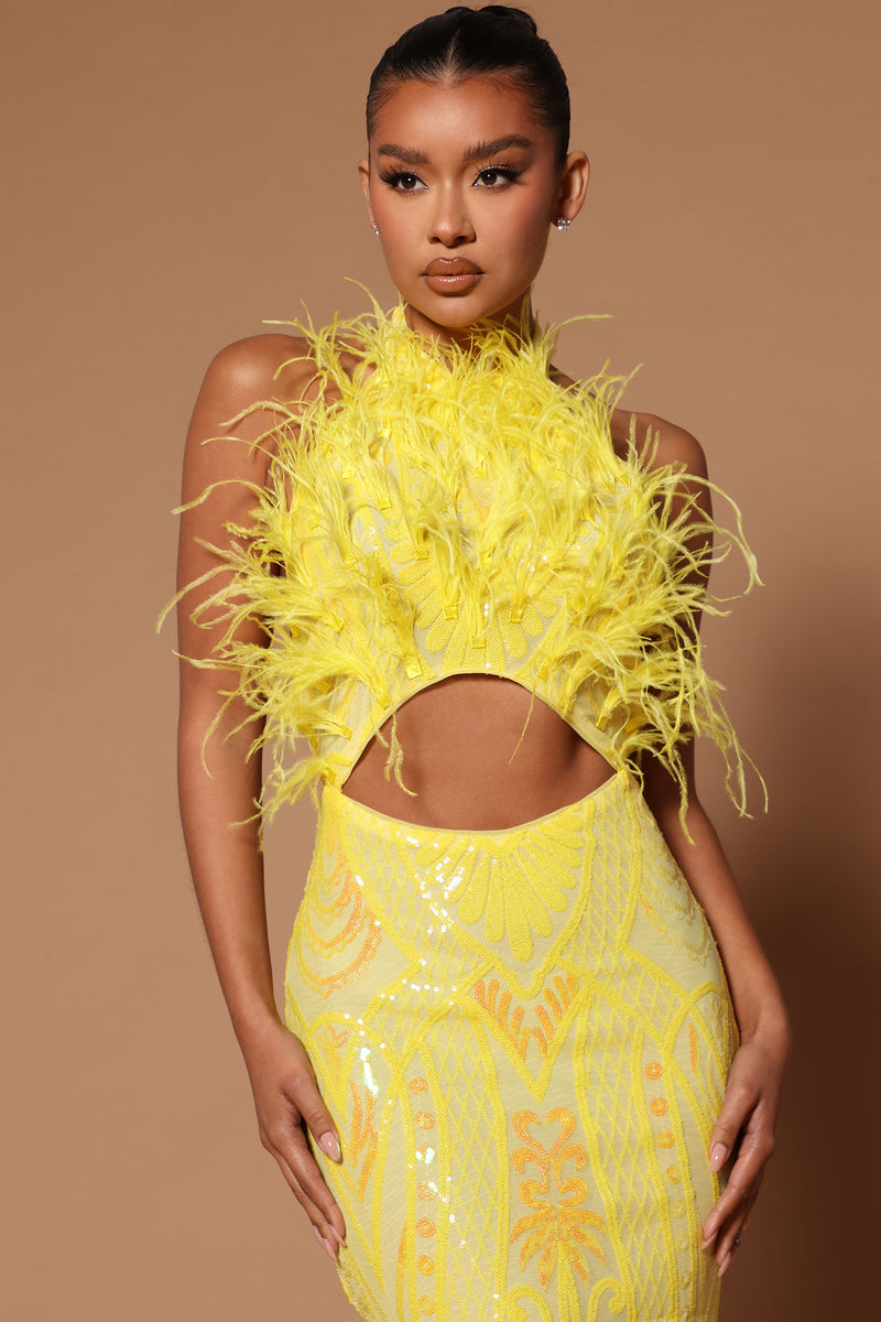 Carolina Feather Embellished Maxi Dress - Yellow | Fashion Nova, Luxe ...