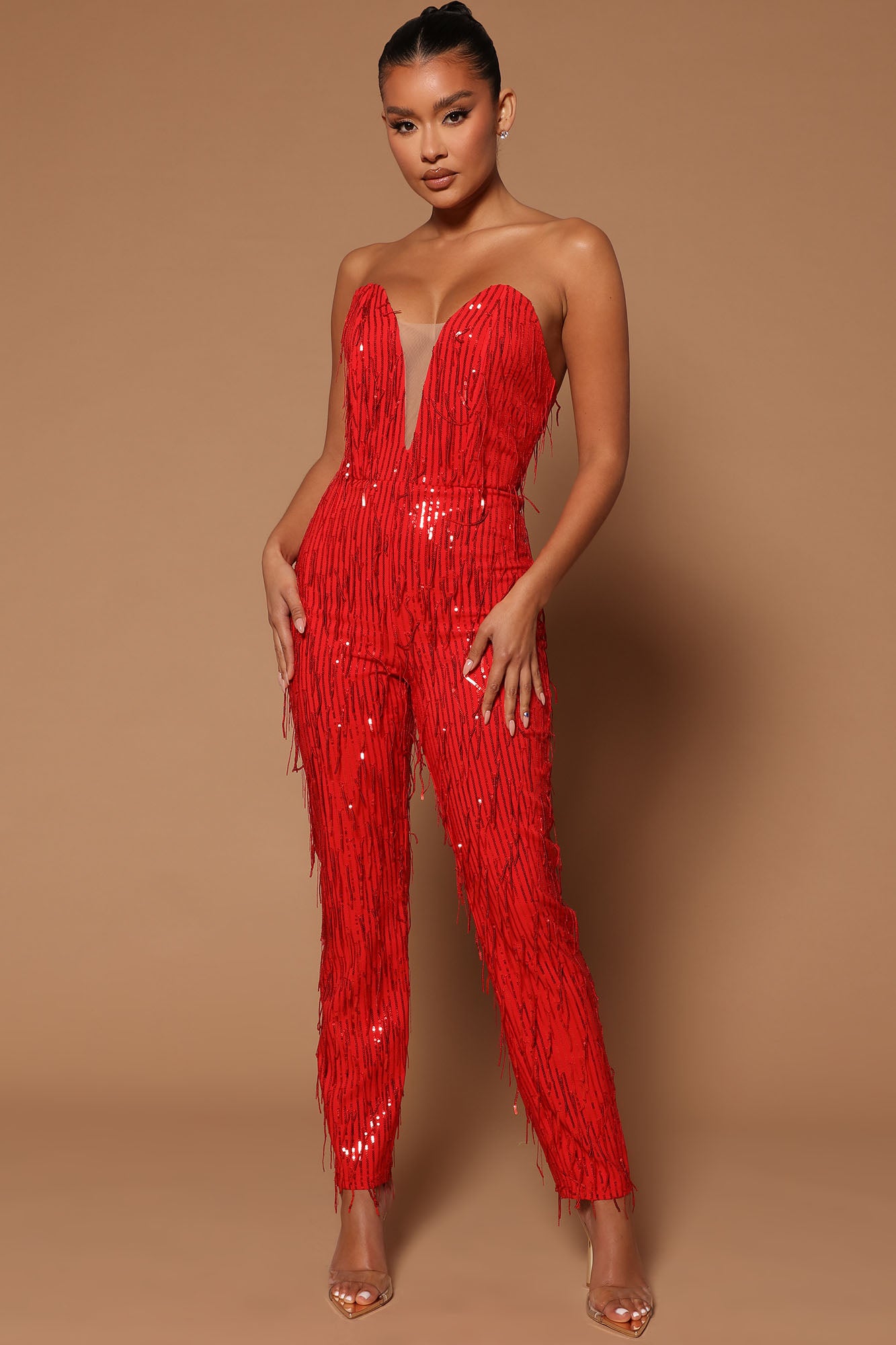 Red jumpsuit top sequin