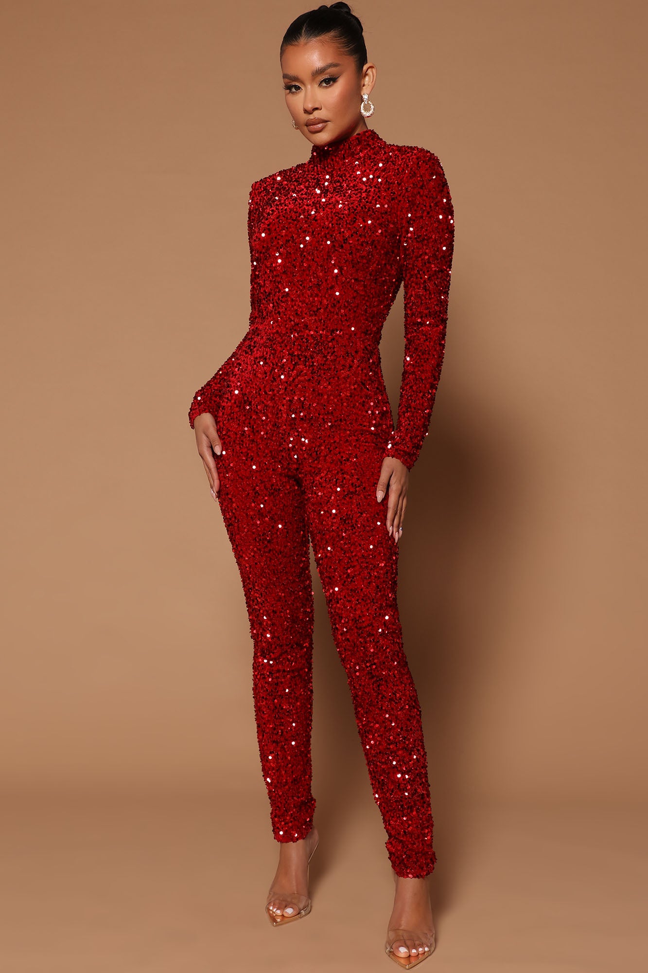Sequin jumpsuit 2024 red