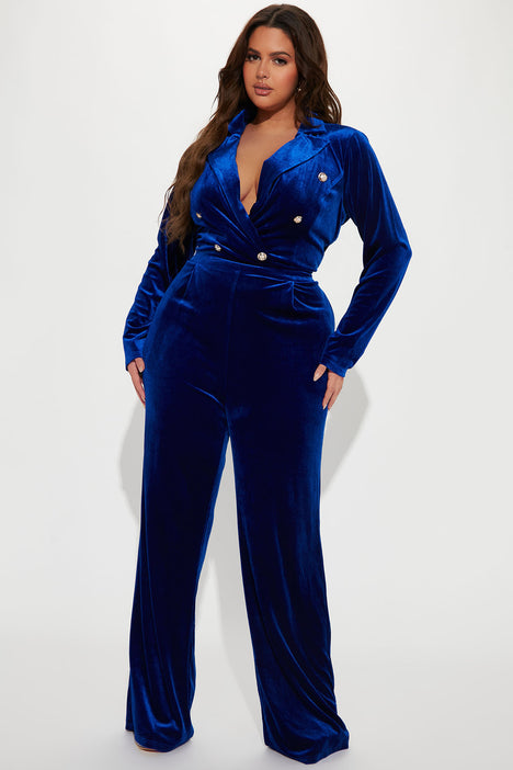 Royal blue velvet jumpsuit on sale