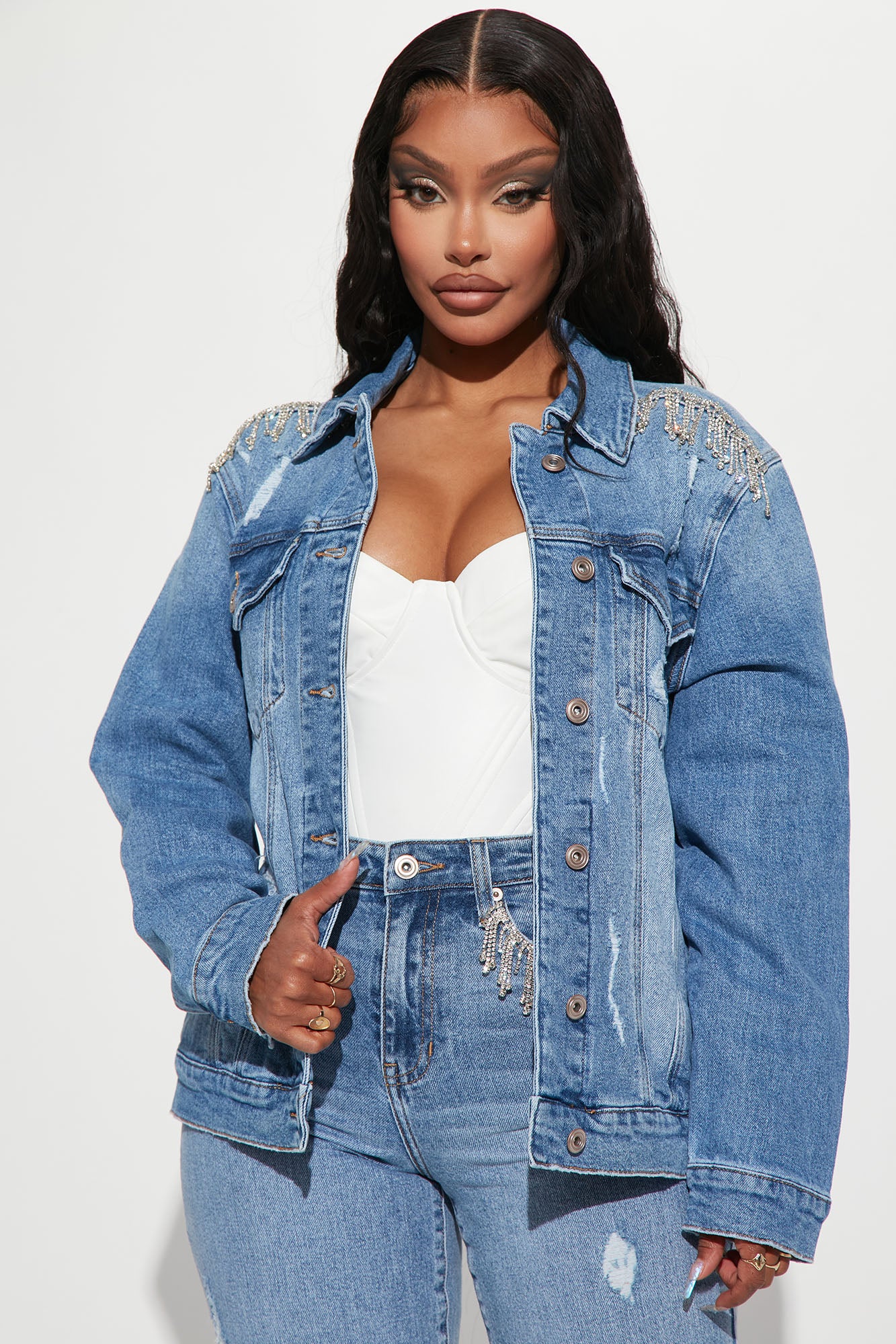Women's denim jackets with bling sales