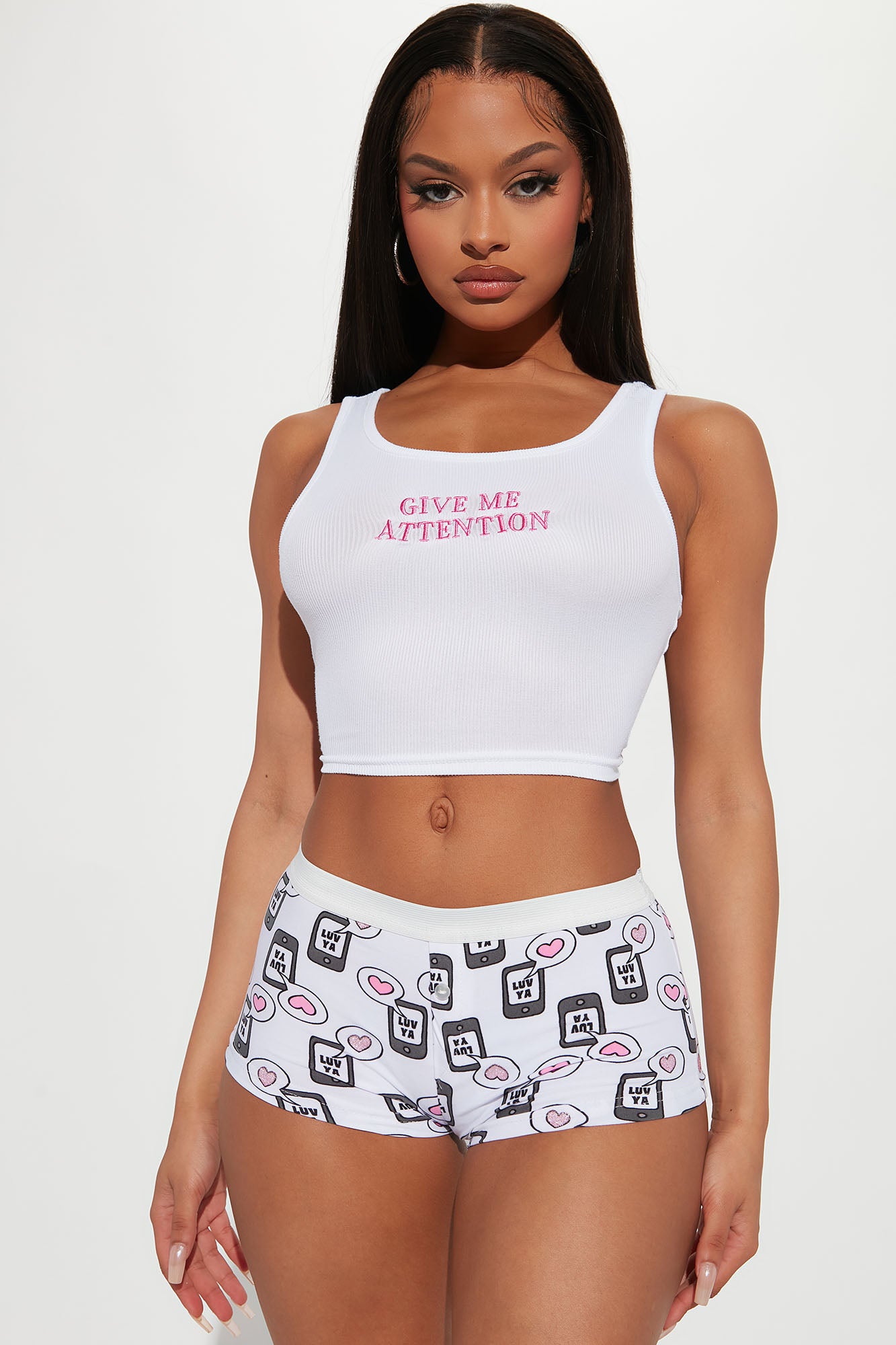 Give Me Attention PJ Boyshort Set White combo Fashion Nova