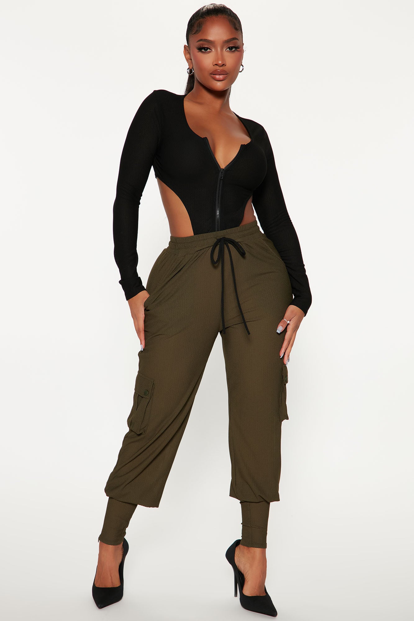 Next Level Long Sleeve Mesh Jumpsuit Black Green Fashion Nova
