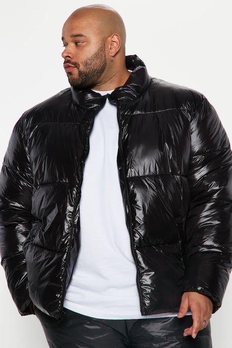 Men's High Collar Gloss Puffer Jacket in Black Size Large by Fashion Nova