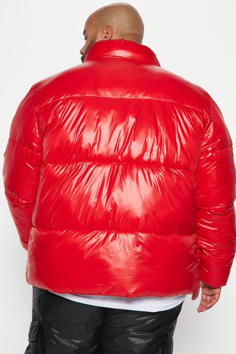 Men's High Collar Gloss Puffer Jacket in Red Size Small by Fashion Nova