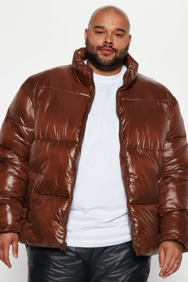 High Collar Gloss Puffer Jacket - Chocolate | Fashion Nova, Mens ...