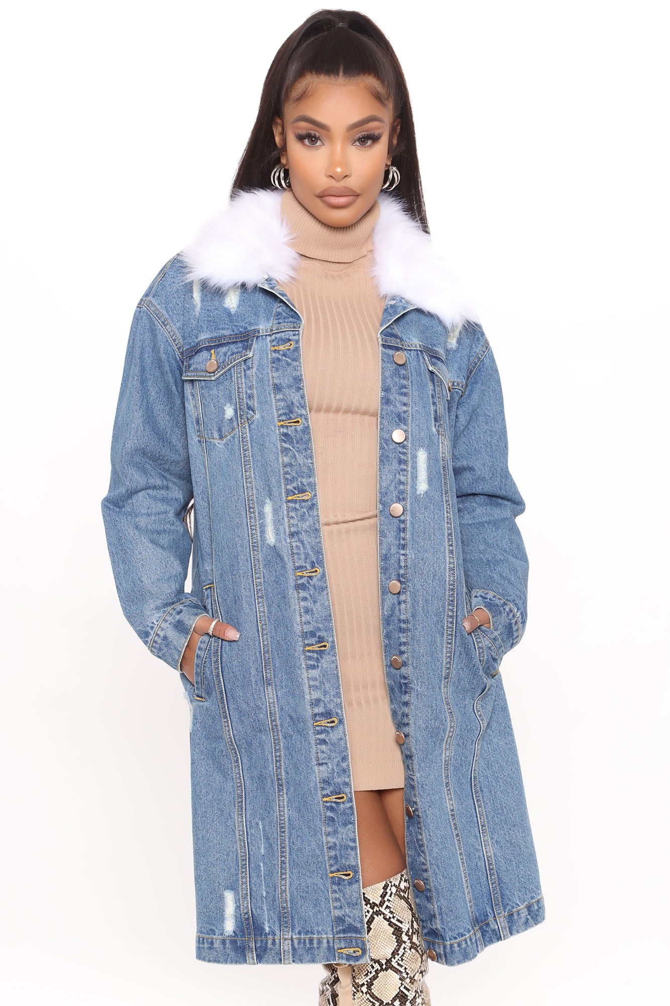 Long denim jacket fashion nova on sale
