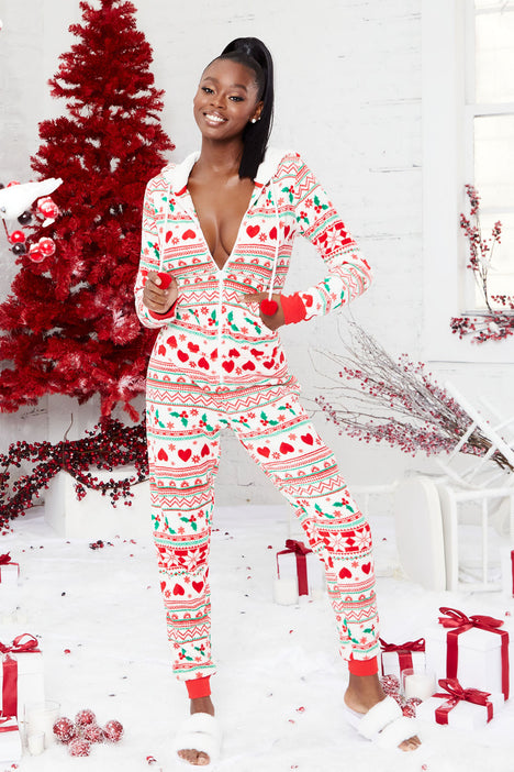 Kiss Me Under The Mistletoe PJ Onesie Red Multi Fashion Nova