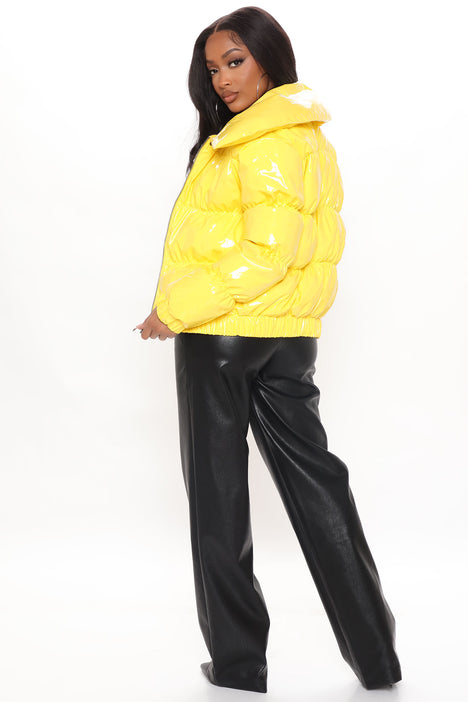 Yellow vinyl puffer jacket top