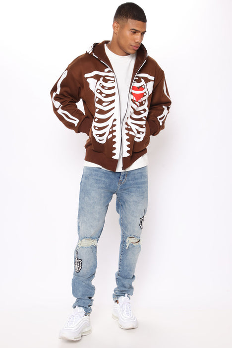 Skull Body Zip Up Hoodie Brown