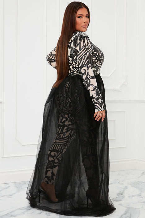 Sequin jumpsuit sales with train