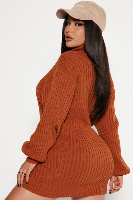 Too Cozy Turtle Neck Sweater Dress Cognac Fashion Nova
