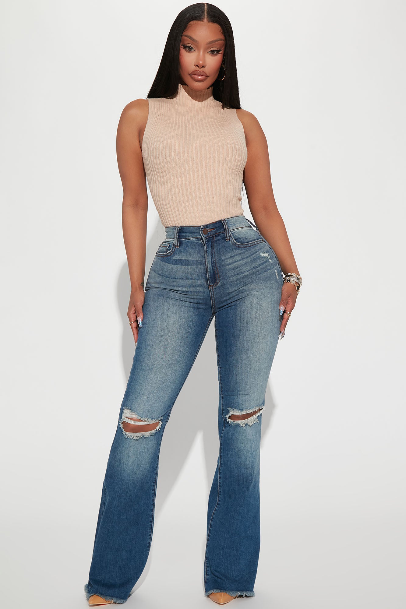 Richie Ripped Flare Jeans - Medium Wash