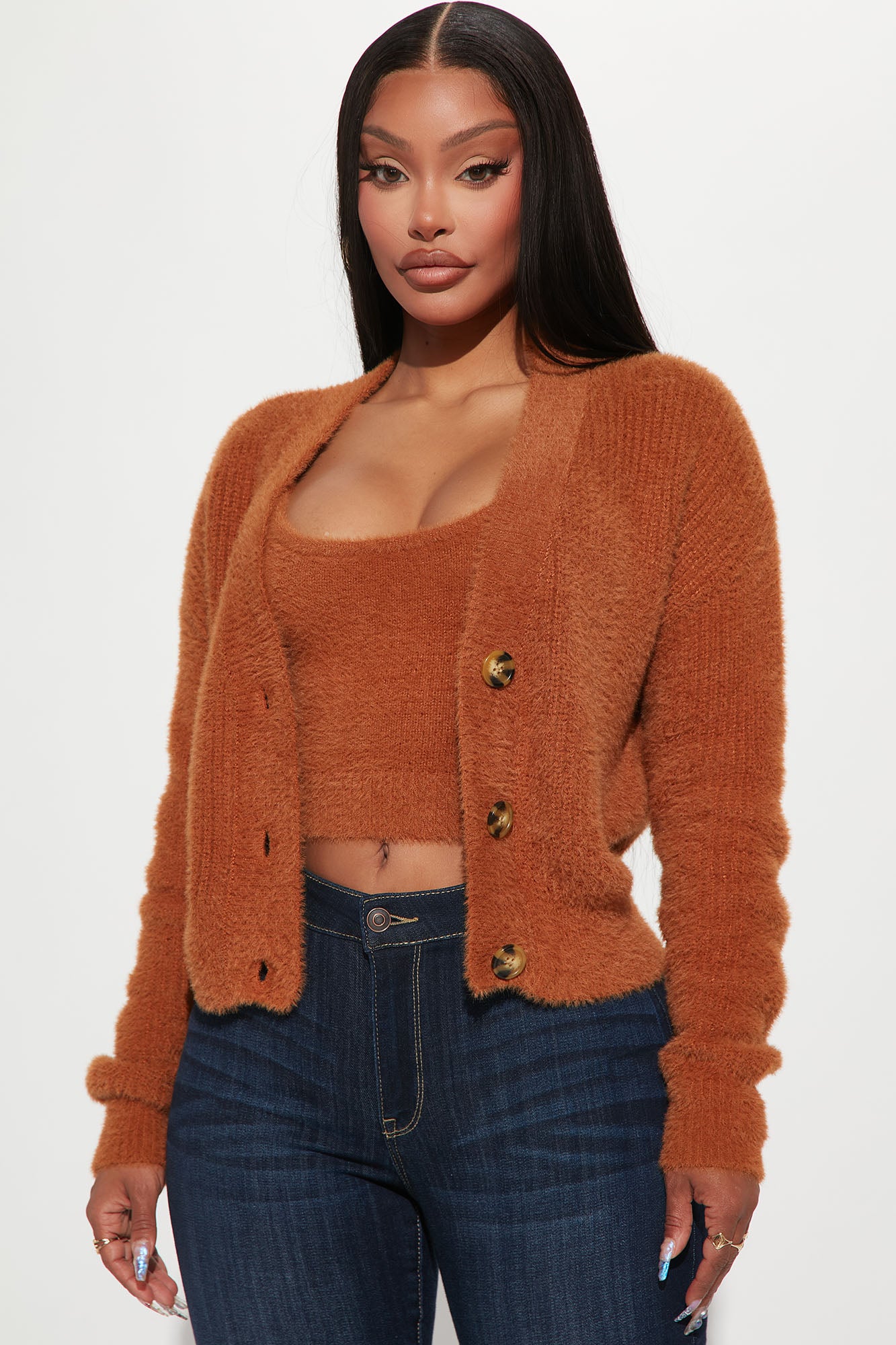 Can t Stop Love Fuzzy Sweater Set Chestnut Fashion Nova