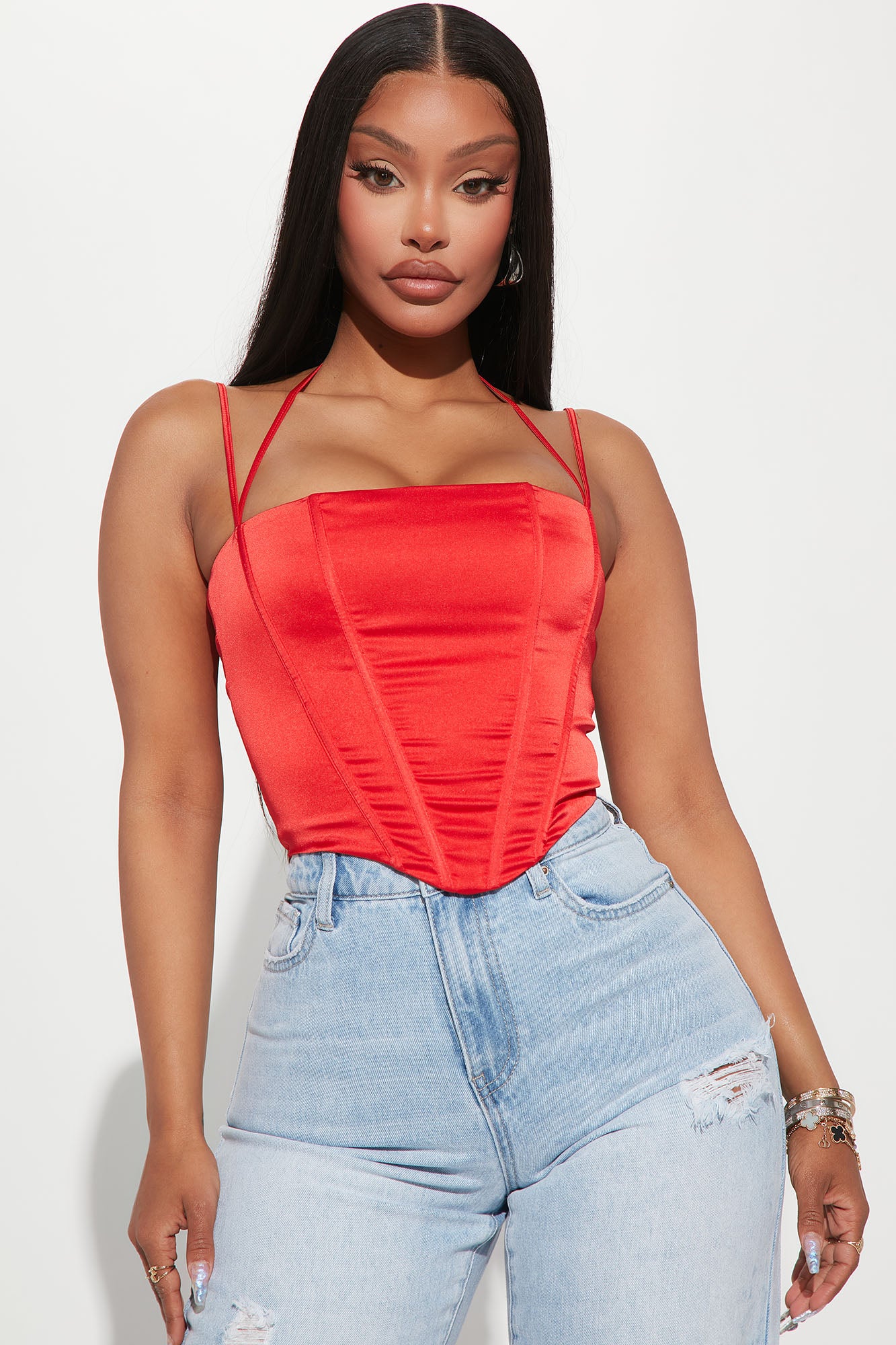 Red satin shop corset top