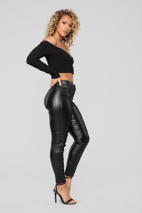 Faux leather top lace up leggings