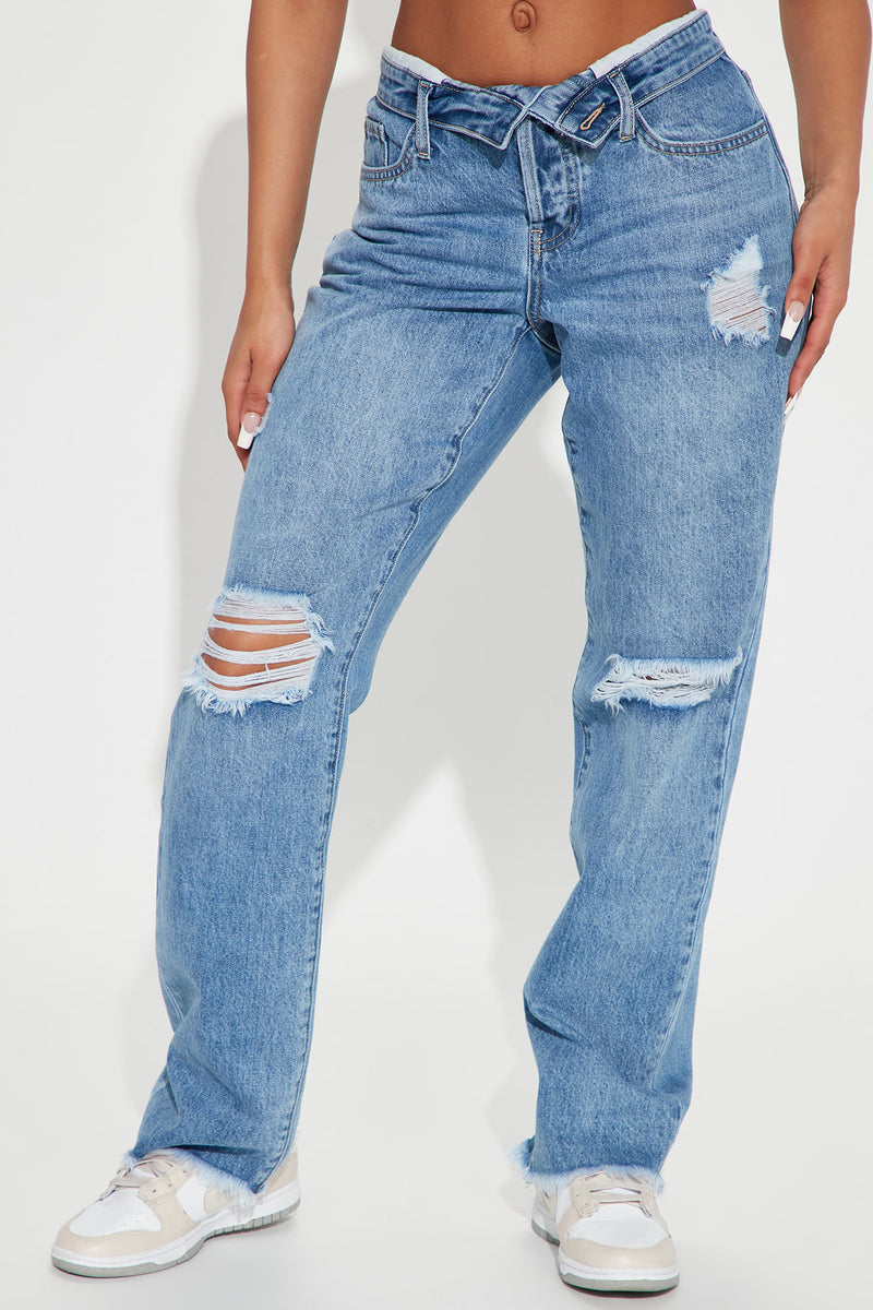 Do As You're Fold Straight Leg Jeans - Medium Blue Wash | Fashion Nova ...