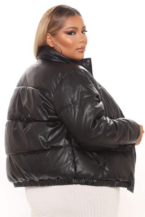 Women's Vixen Faux Leather Puffer Jacket in Black Size Large by Fashion Nova