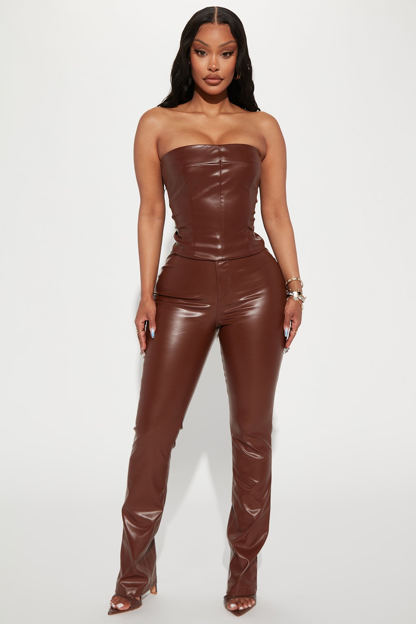 Turning Heads Faux Leather Pant Set - Brown, Fashion Nova, Matching Sets