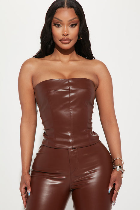 Turning Heads Faux Leather Pant Set - Brown