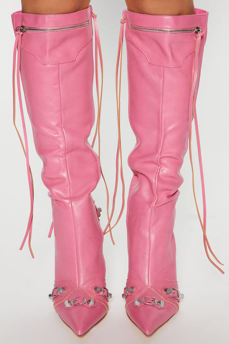 Pink thigh high shop boots fashion nova