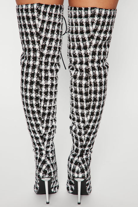 Checkered thigh top high boots