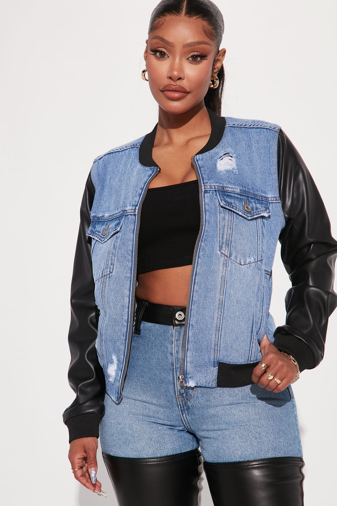 Get Real Faux Leather Denim Bomber Jacket Medium Blue Wash