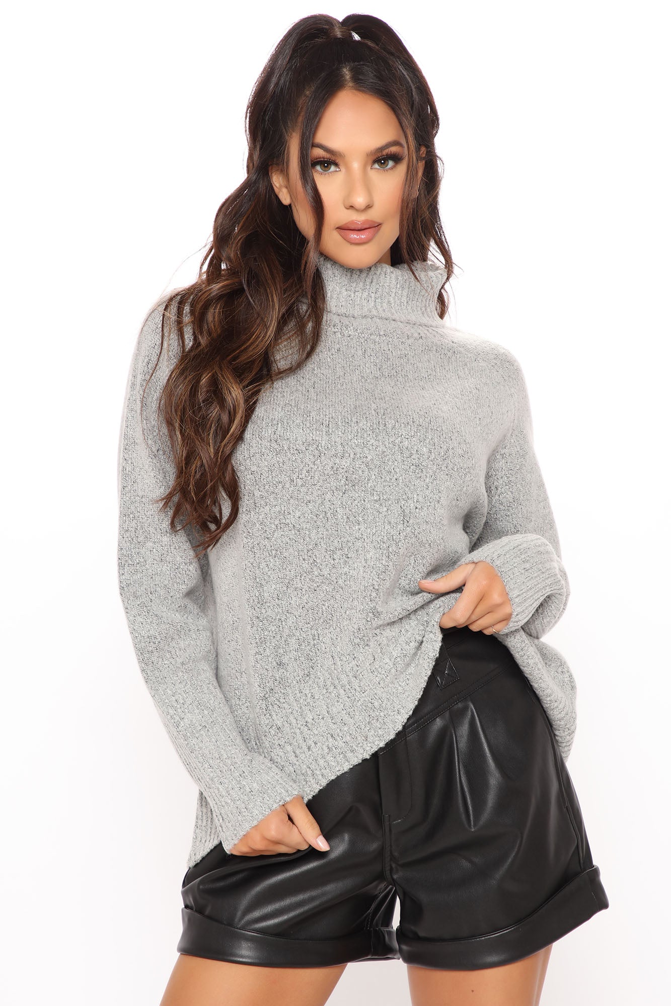 Just Roll With It Babe Turtleneck Sweater Heather Grey Fashion