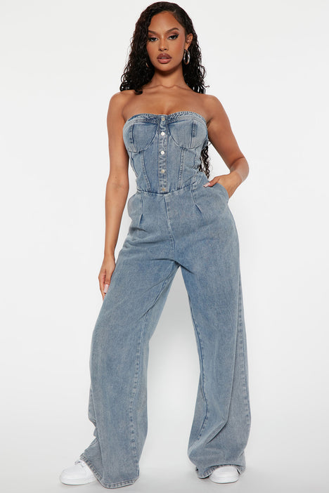 Buy STRAPLESS DENIM BLUE HOLLOW JUMPSUIT for Women Online in India
