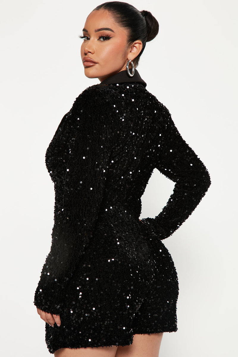 Material Girl Sequin Blazer Romper - Black | Fashion Nova, Rompers ...