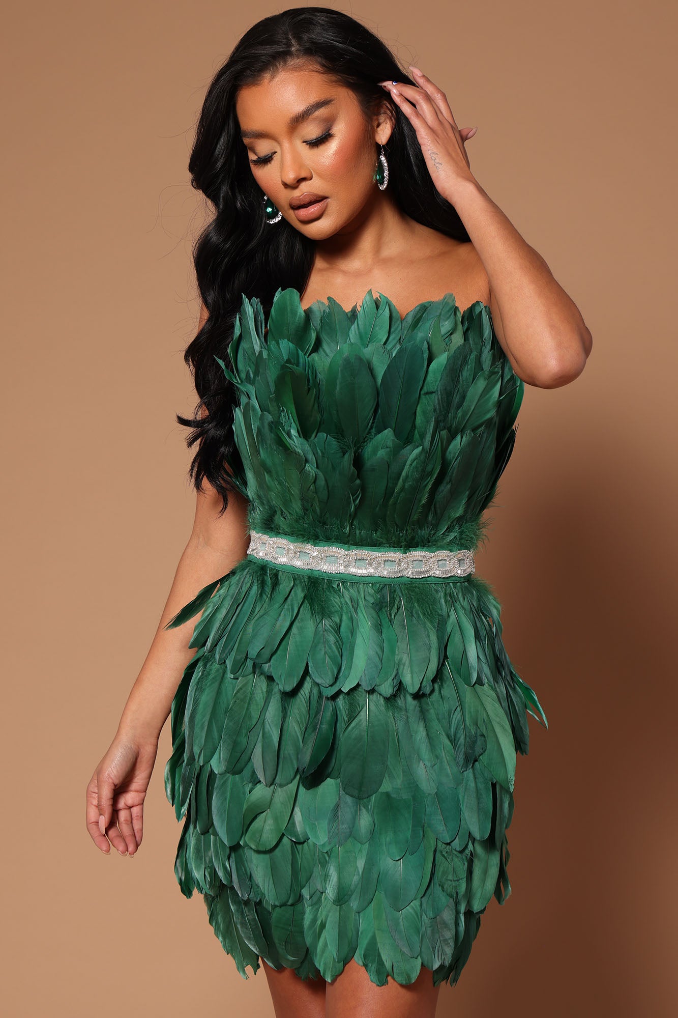 Emerald green feather dress top