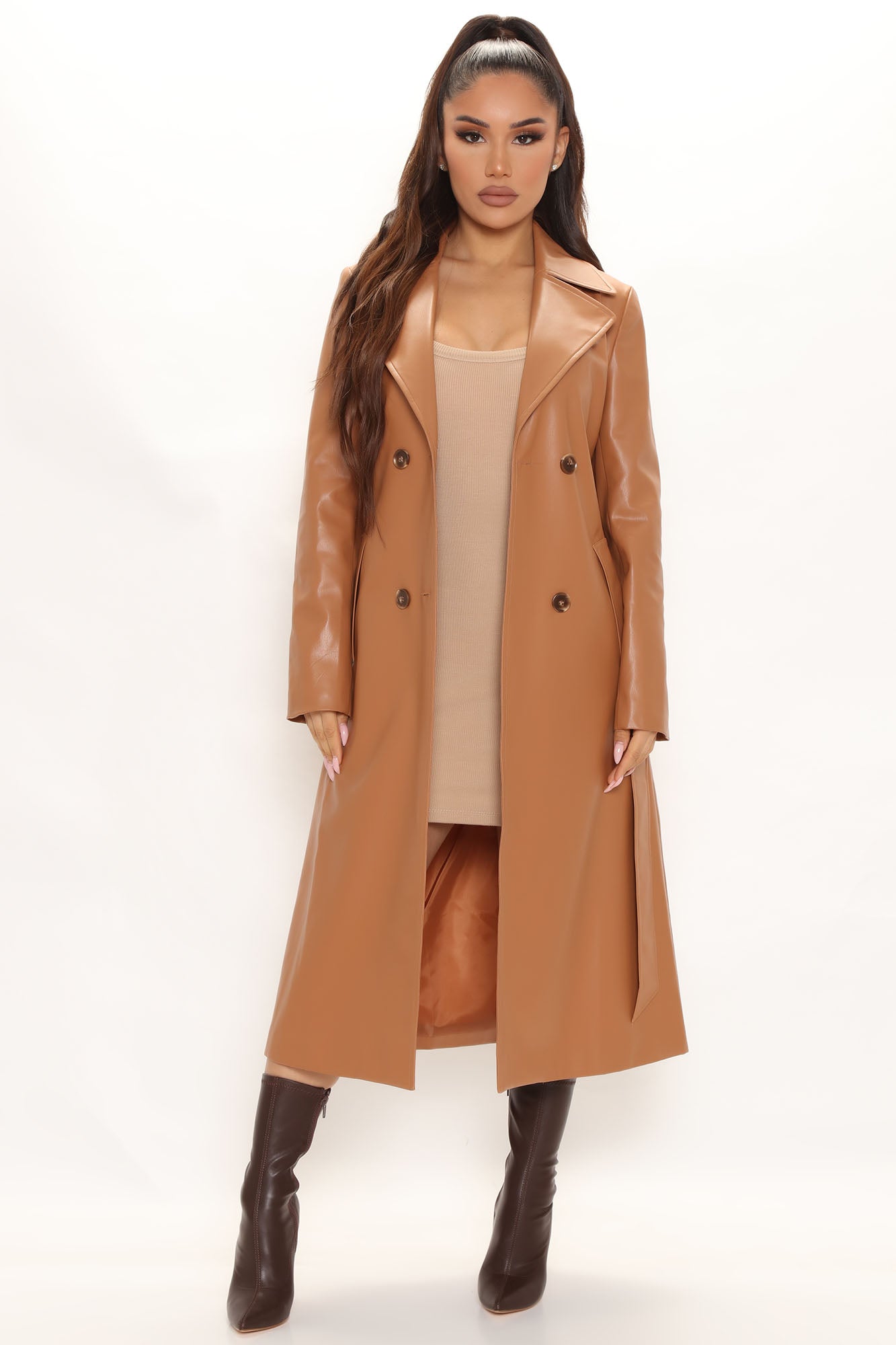 Camel leather new arrivals trench coat