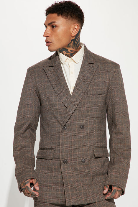 Kingpin Double Breasted Plaid Suit Jacket Brown combo Fashion