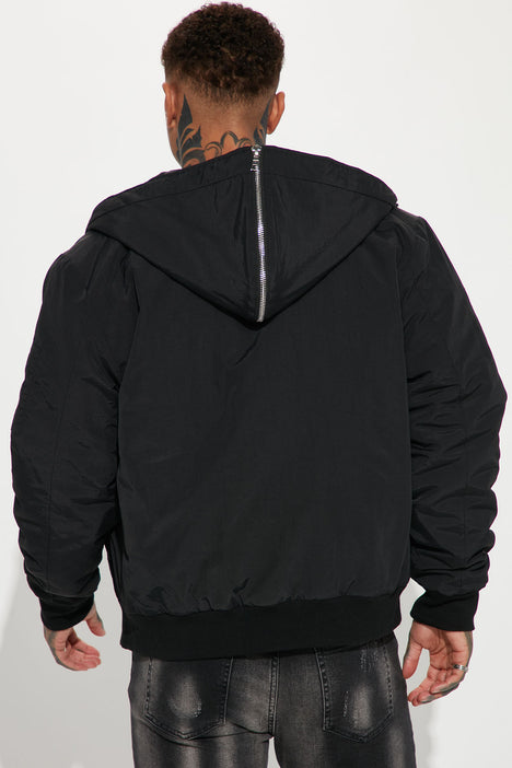 Long bomber shop jacket with hood