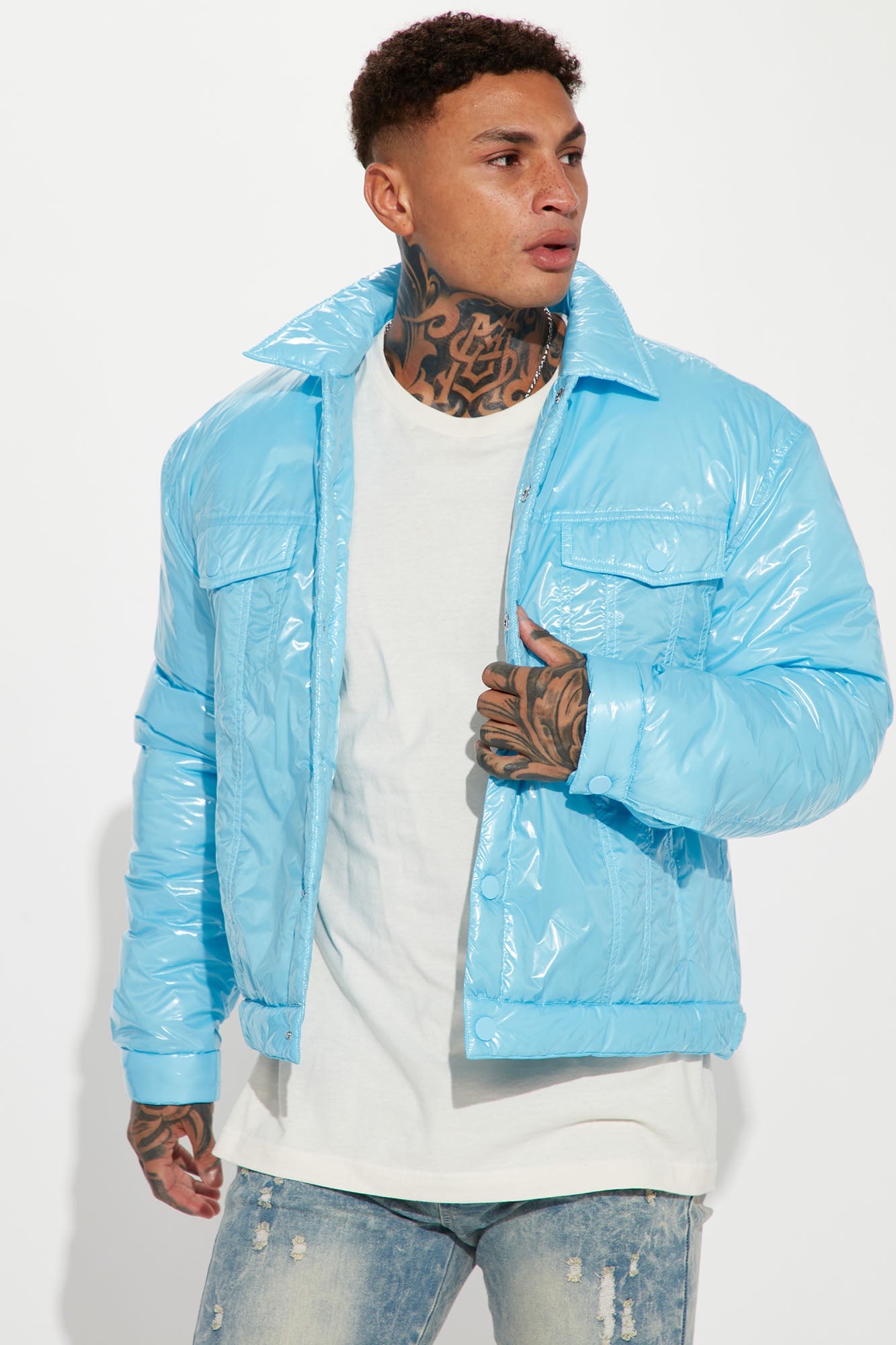 Posted Shiny Nylon Trucker Jacket Light Blue