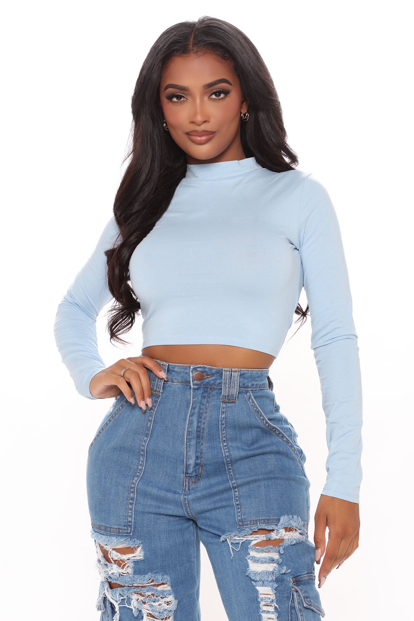 Melanie Long Sleeve Mock Neck Crop Top Light Blue Fashion Nova