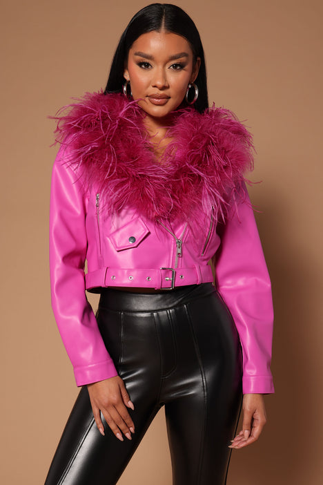 Pink leather top jacket with fur