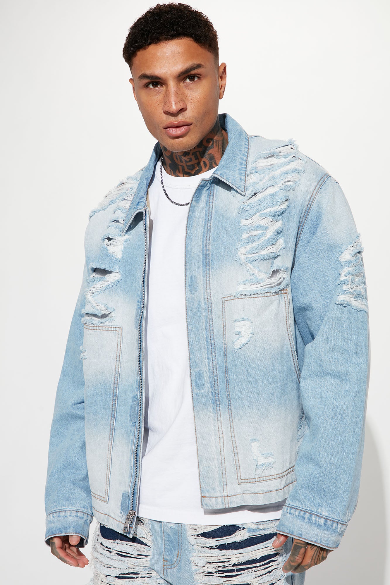 New Look Destructed Denim Jacket Light Wash