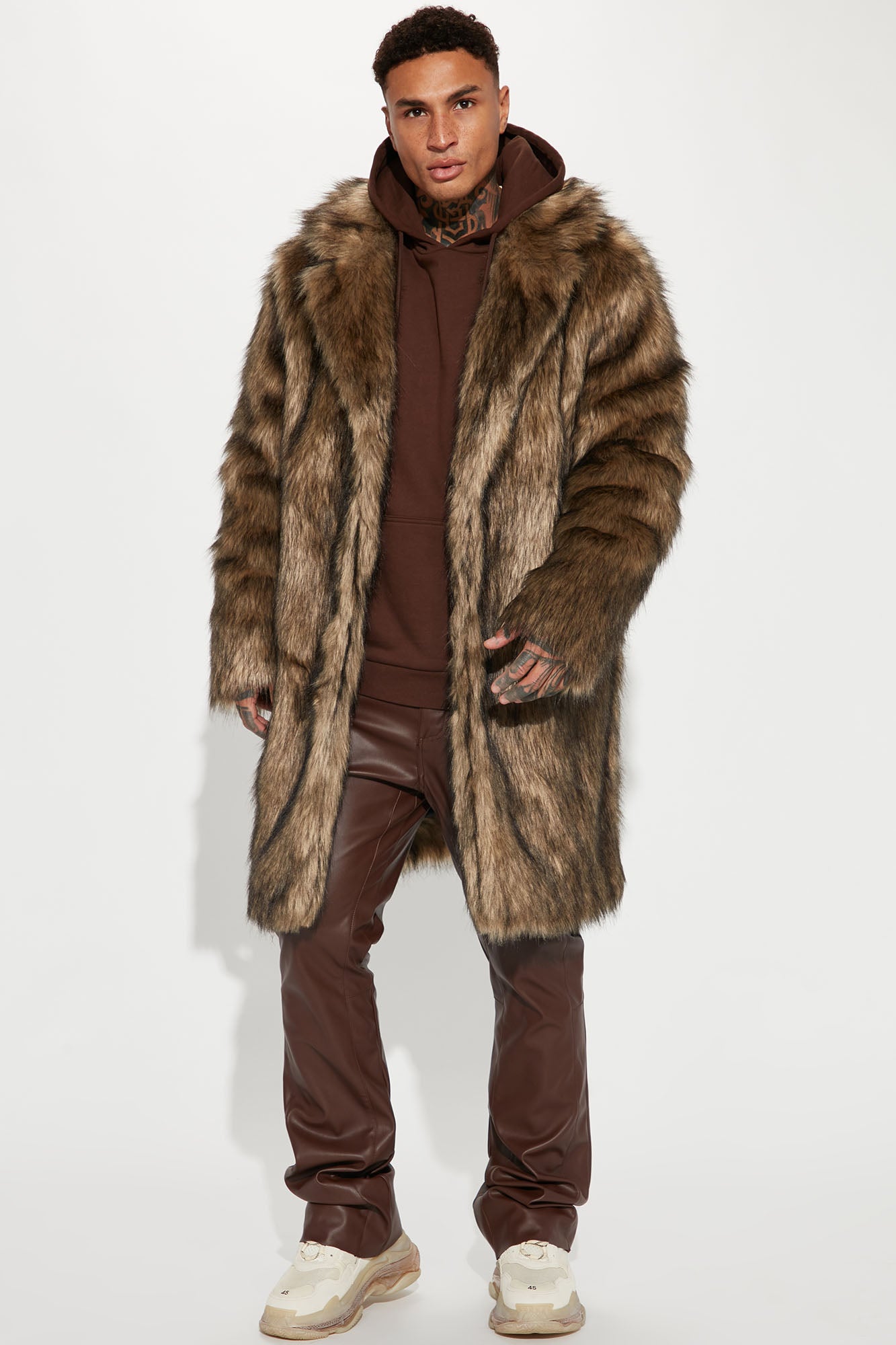 Ricci Faux Fur Long Coat Brown Combo
