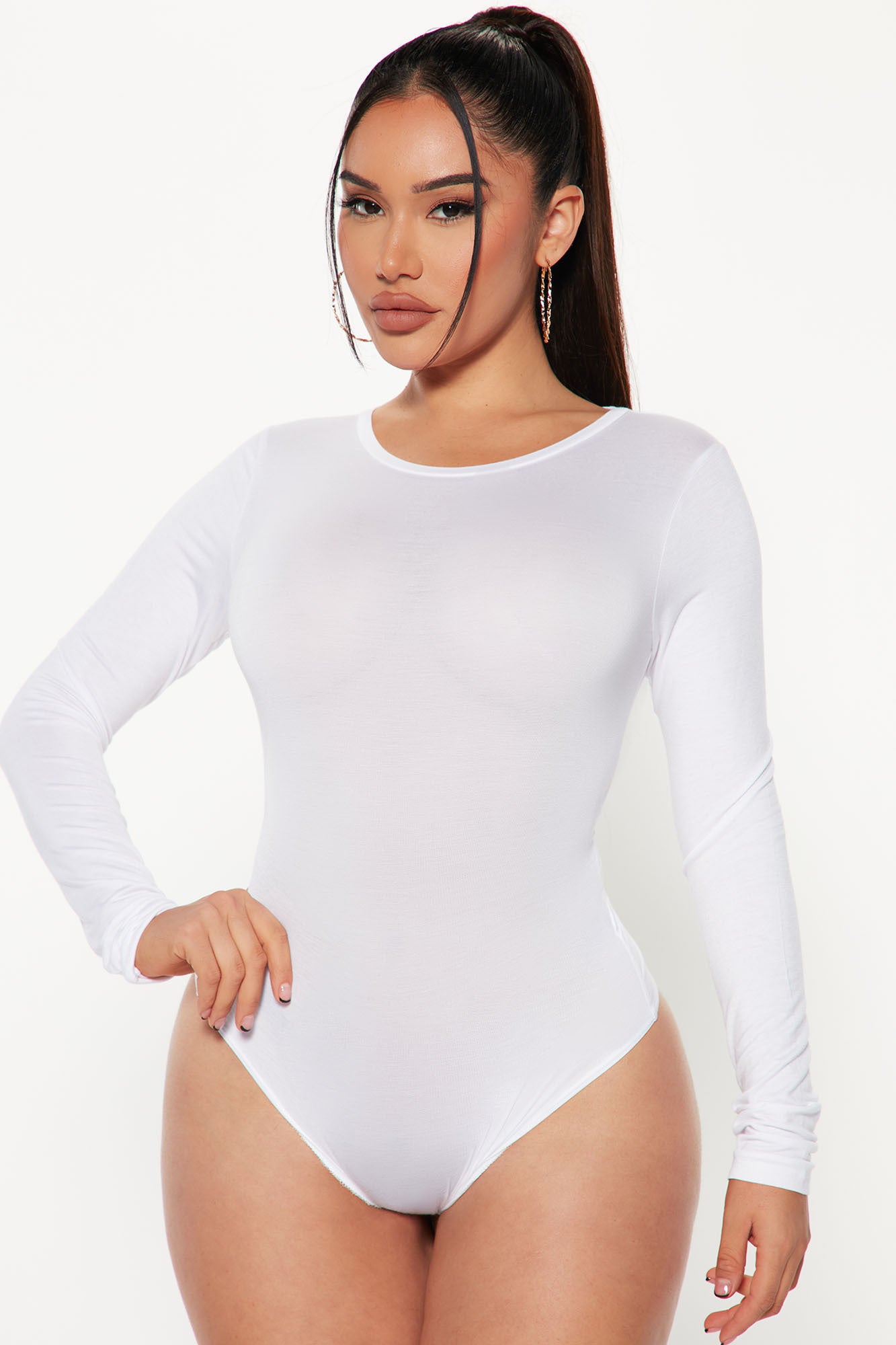 Krystal Crew Neck Long Sleeve Bodysuit - White