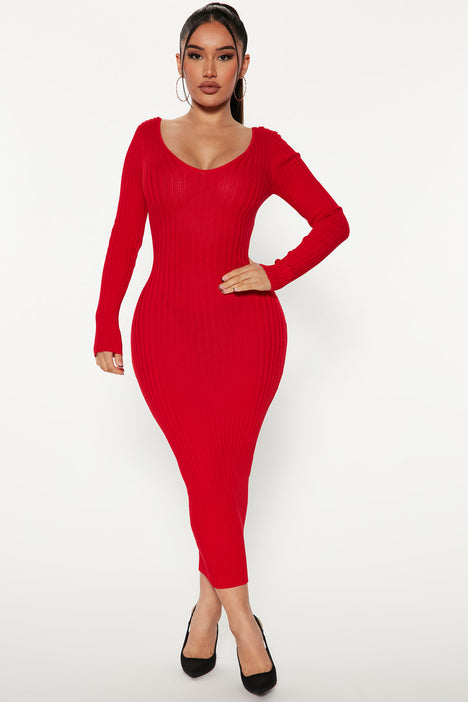 Fashion nova red long 2024 sleeve dress