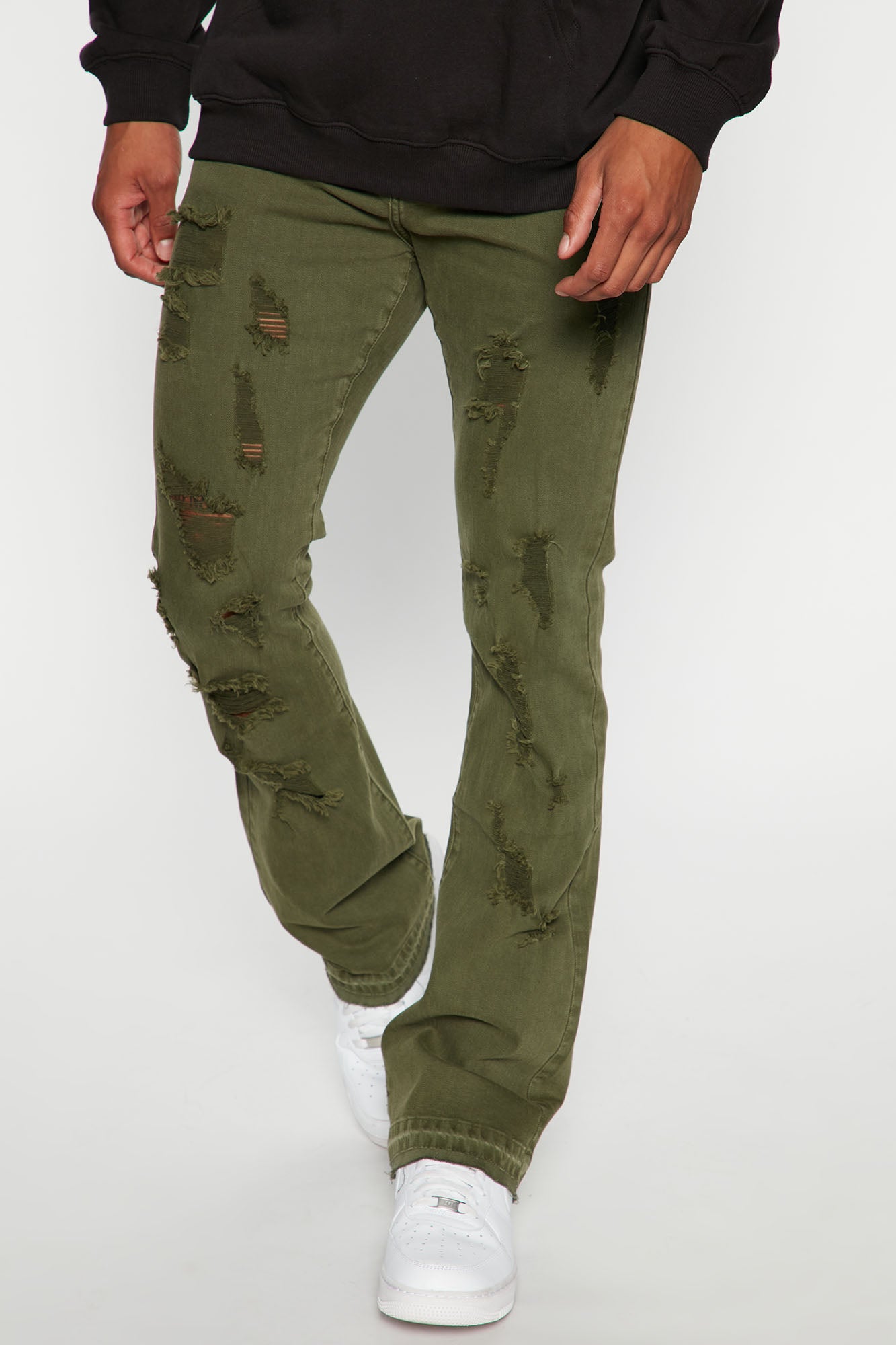 Olive green stacked pants cheap