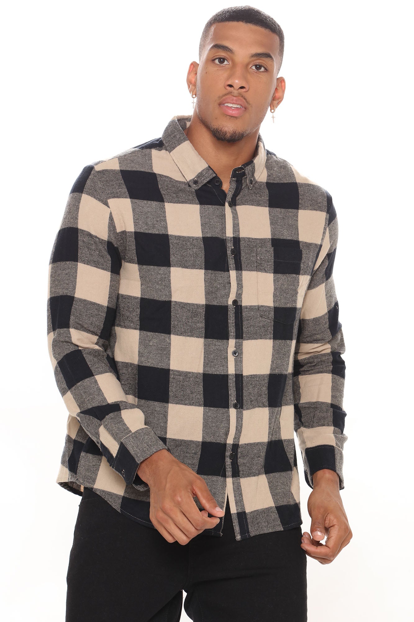 On The Boulevard Long Sleeve Flannel Shirt - Khaki/combo