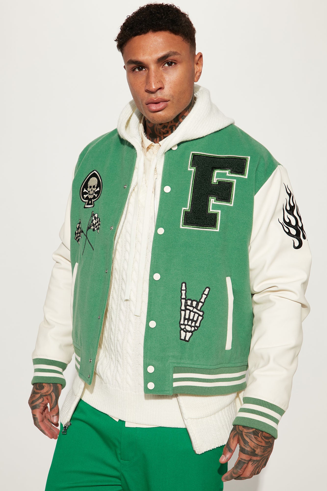 green varsity leather