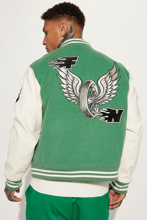 Biker Faux Leather Varsity Jacket Green combo Fashion Nova