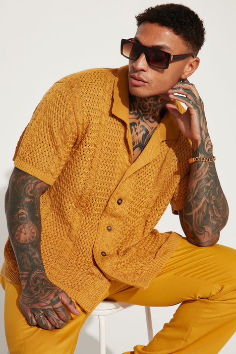 Mustard yellow short sleeve button up top