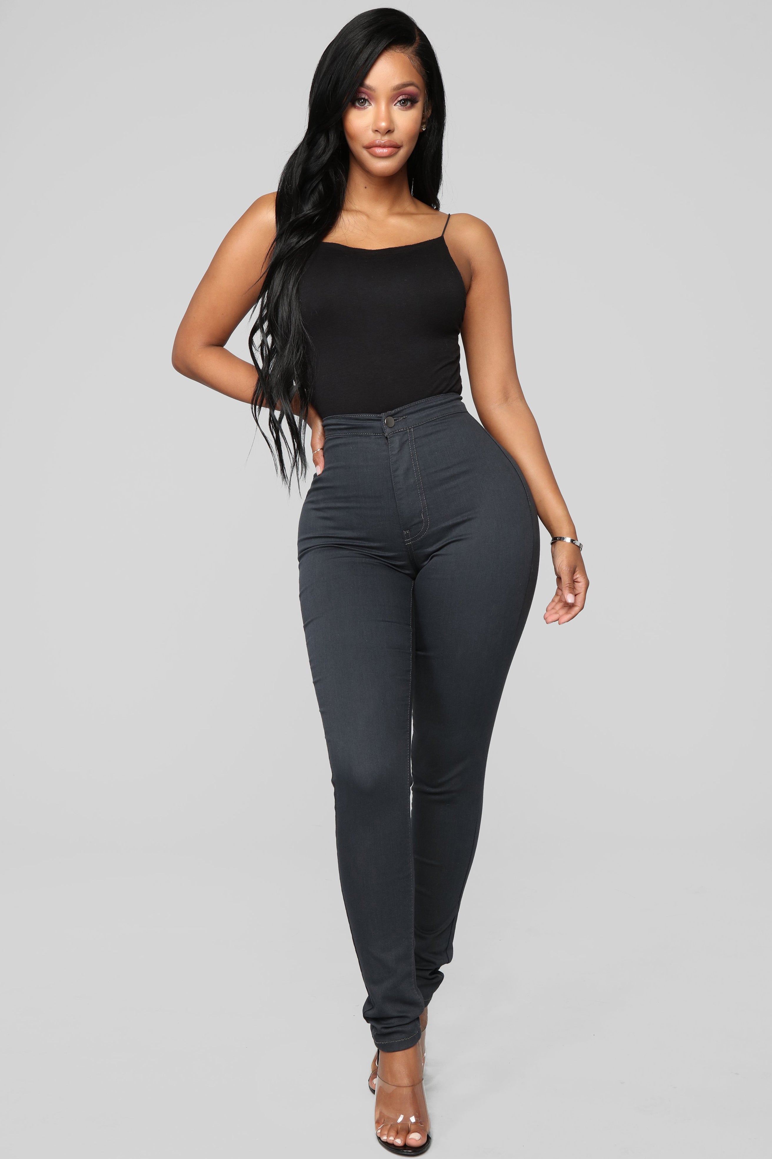 Super High Waist Denim Skinnies Charcoal