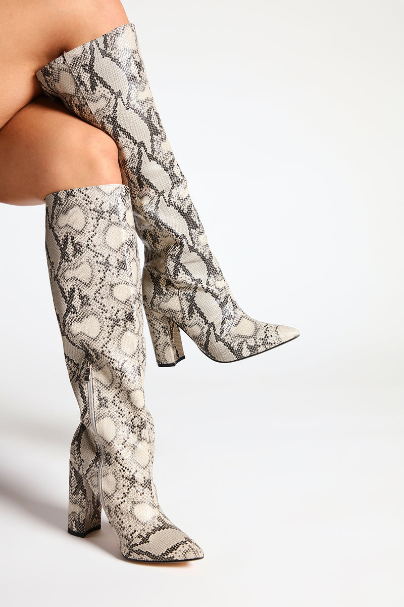 Women's High Voltage Heeled Boots in Beige Snake Size 8 by Fashion Nova