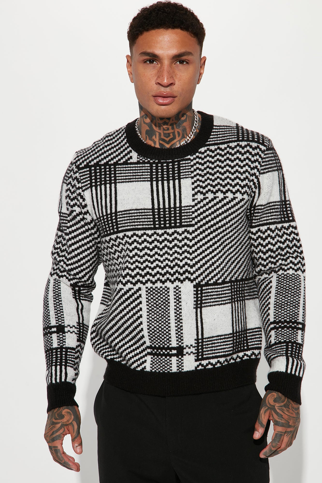 Mixed Lines Cozy Crewneck Sweater - Black/White | Fashion Nova, Mens  Sweaters | Fashion Nova