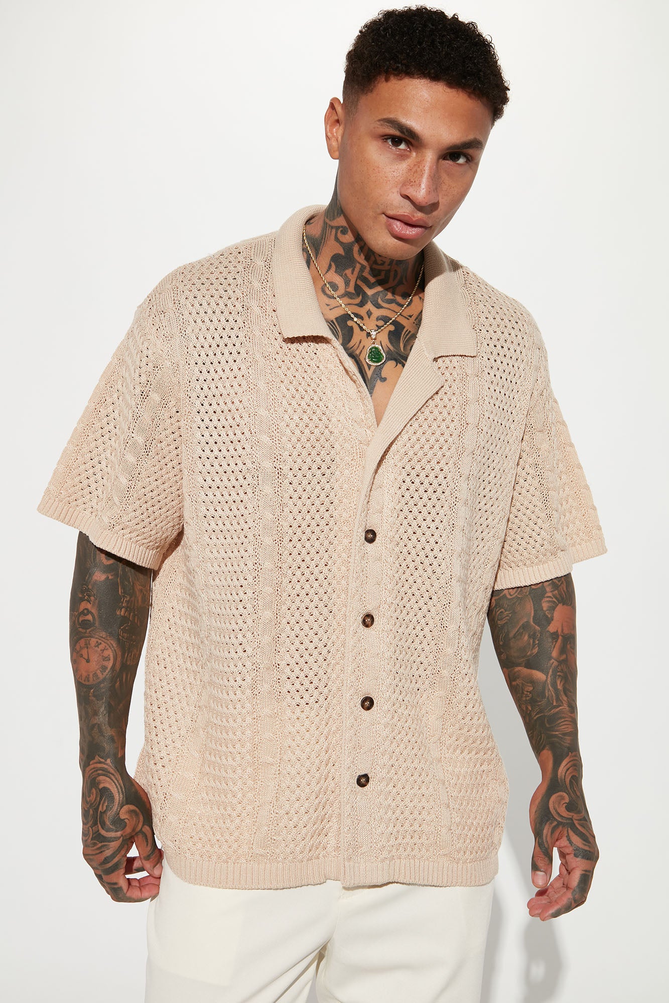 Men's Unwind Cable Knit Short Sleeve Button Up in Oatmeal Size Small by Fashion Nova